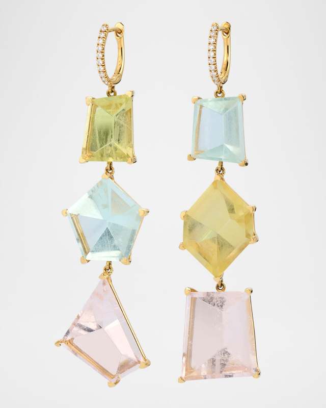 Assymetrics 18K Yellow Gold Pastel Multi Beryl and Diamond Drop Earrings